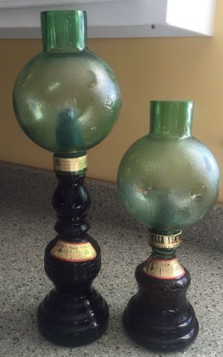 2 Vintage Green Glass Large Casa Vento Wine Bottle Decanter Candle Lamps