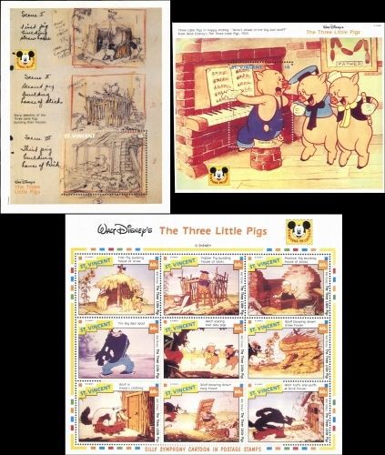 Disney&#039;s three little pigs mini &amp; souvenir sheets st. vincent # 1792, 1806-7 mnh