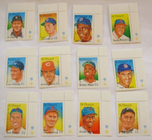 St. Vincent Baseball Hall of Famers 12 Single Stamps MNH VF OG