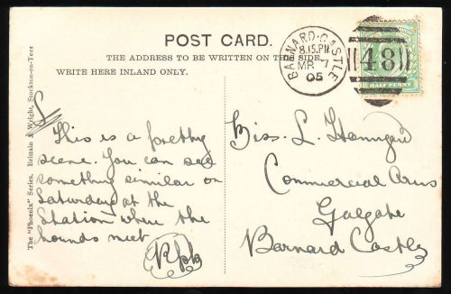C1905 BARNARD CASTLE DUPLEX POSTMARK ON DUNCOMBE PC TO COMMERCIAL ARMS Hannigan