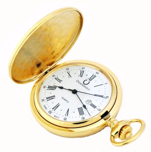 Desperado &#034;Jefferson&#034; Swiss Made Quartz Gold Plated Pocket Watch &amp; Chain 740G