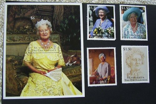St vincent and the grenadines queen mother mnh miniature sheet and stamps