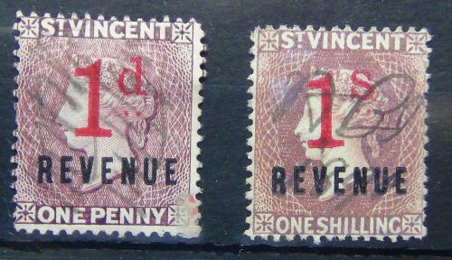 St vincent victoria revenue stamps 1d on 1d and 1s on 1s used