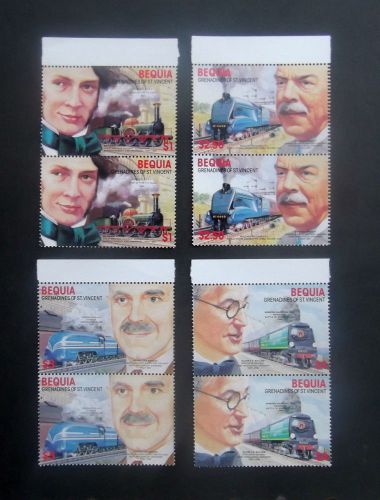 Bequia/st vincent-1986-trains/rail engineers-full set of joined pairs-mnh