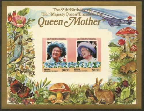 ST. VINCENT Bequia Sc#212 &amp; Union Sc#211-2 1985 Queen Mother&#039;s 85th 3-SS Mint NH