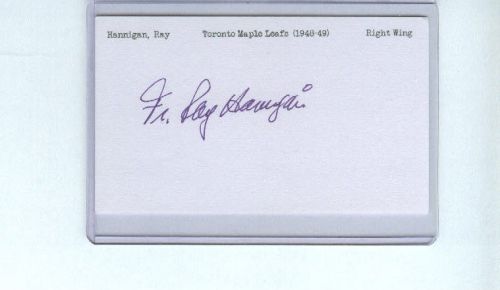 RAY HANNIGAN SIGNED 3x5 INDEX CARD AUTOGRAPH TORONTO MAPLE LEAFS 3 GAMES 1948-49
