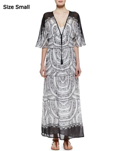 NWT Cynthia Vincent Black Ivory Print Silk Maxi Dress Dolman Kaftan Gown S Small