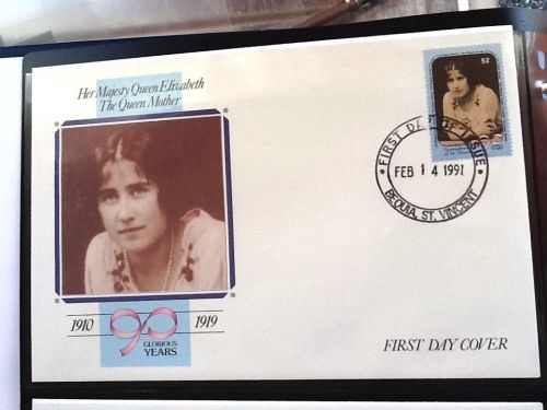 St vincent stamps,queen mothers  90th(1910-19)first day cover..dtd 1990.$2.00/2