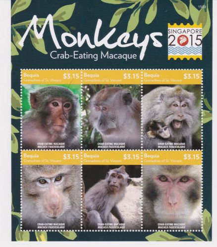 Bequia of St. Vincent - Monkeys, Singapore 2015 - Sheet of 6 MNH