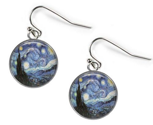 STARRY NIGHT Vincent Van Gogh - Glass Picture Earrings  Silver Plated (J21)